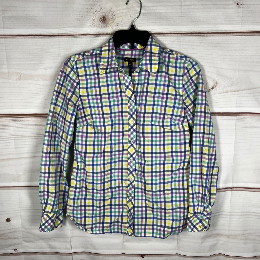 Talbots Button Down Shirt Womens XS Multicolor Gingham Plaid Cotton Long Sleeve